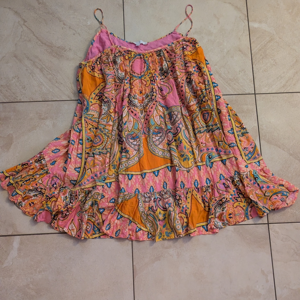 Olivaceous Pink & Orange Paisley Ruffle Babydoll Top
